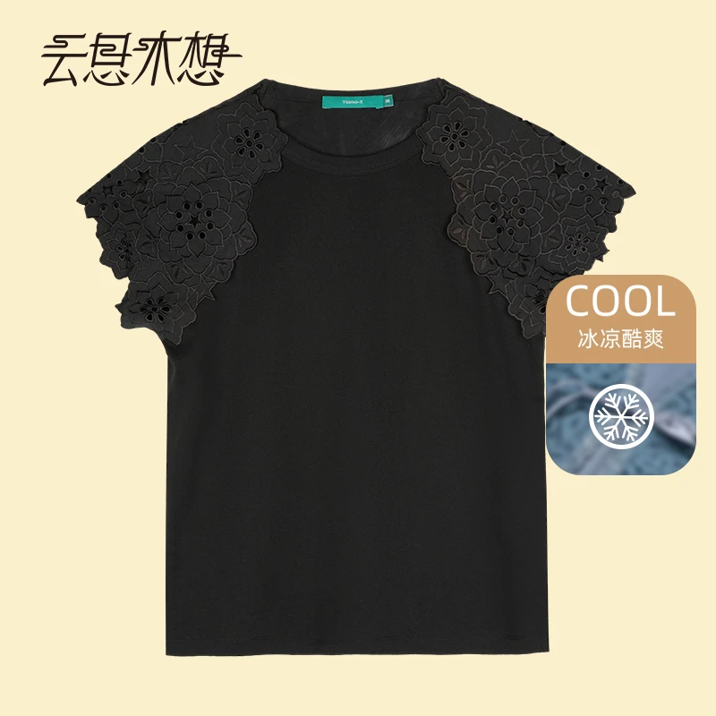 Ysimo-X云思木想 星辰花开 时尚舒适不规则烧花+绣花圆领T恤12944