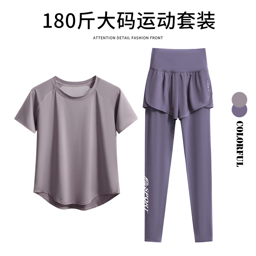 大码胖MM健身套装女2025夏季透气短袖瑜伽服宽松显瘦晨跑步爆汗服