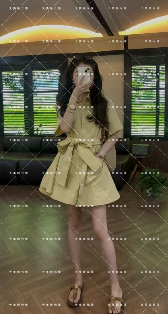 Honey Slurp【天美】25065高级感刺绣短袖款奶油黄衬衫裙