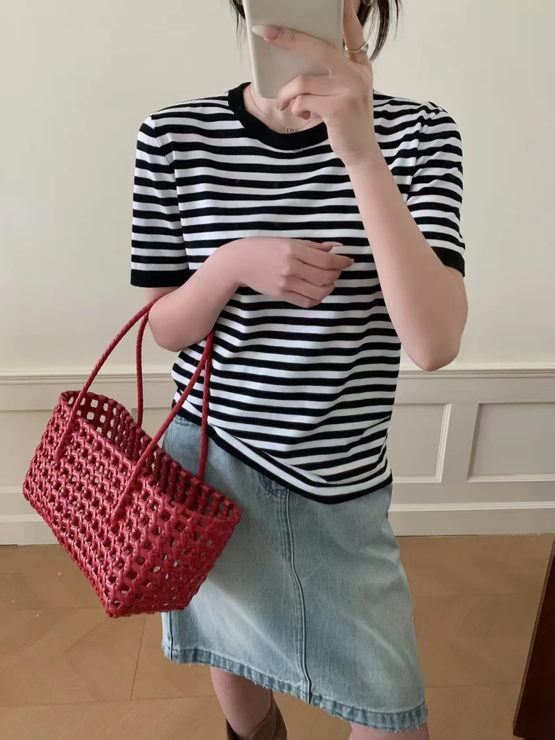 慵懒风时尚夏季气质短袖条纹圆领毛针织衫减龄百搭