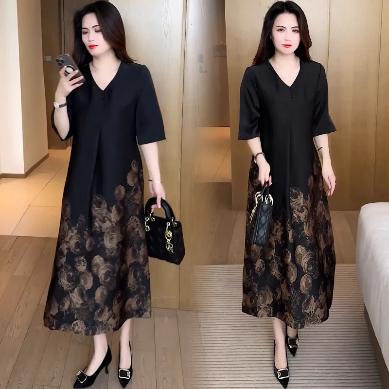 时尚连衣裙女2025夏季新款洋气宽松显瘦中长款印花V领大码长裙潮