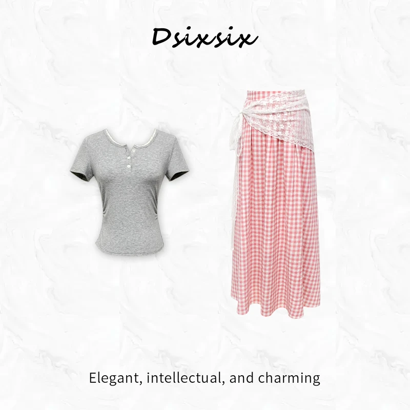 MEI KA【粉格少女】夏季新款休闲时尚百搭韩版高腰格子半身裙套装女