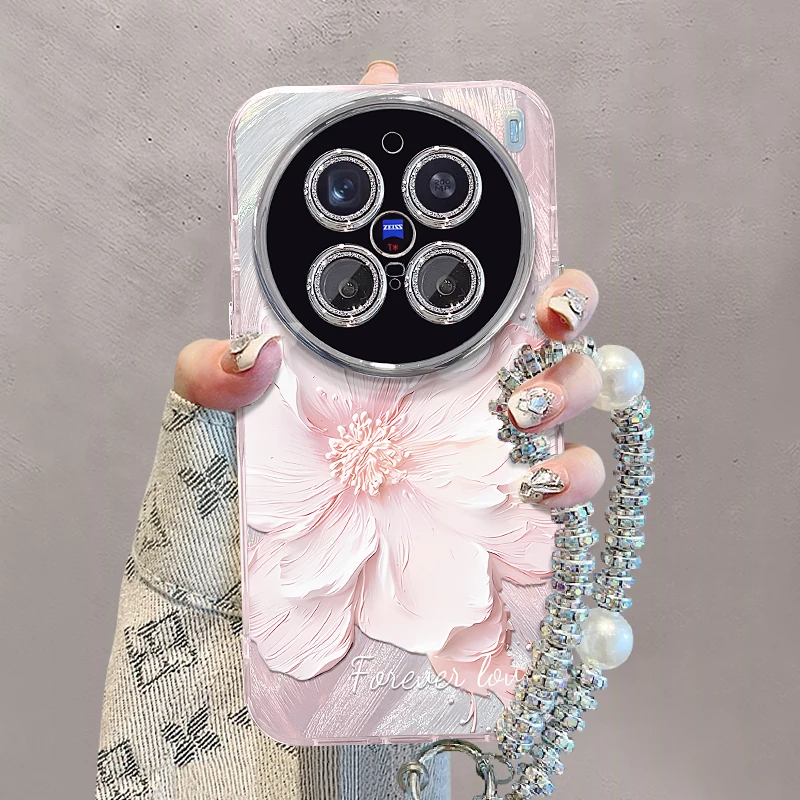 粉色油画花手链适用vivox200手机壳实用数码配件女款全包镜头防摔