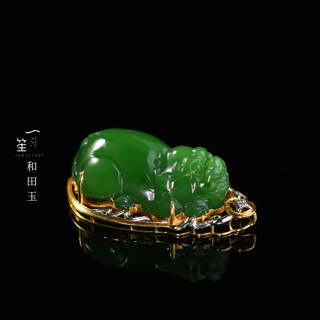 【一笙珠宝】天然和田玉碧玉老料貔貅吊坠18k镶嵌  YS20051