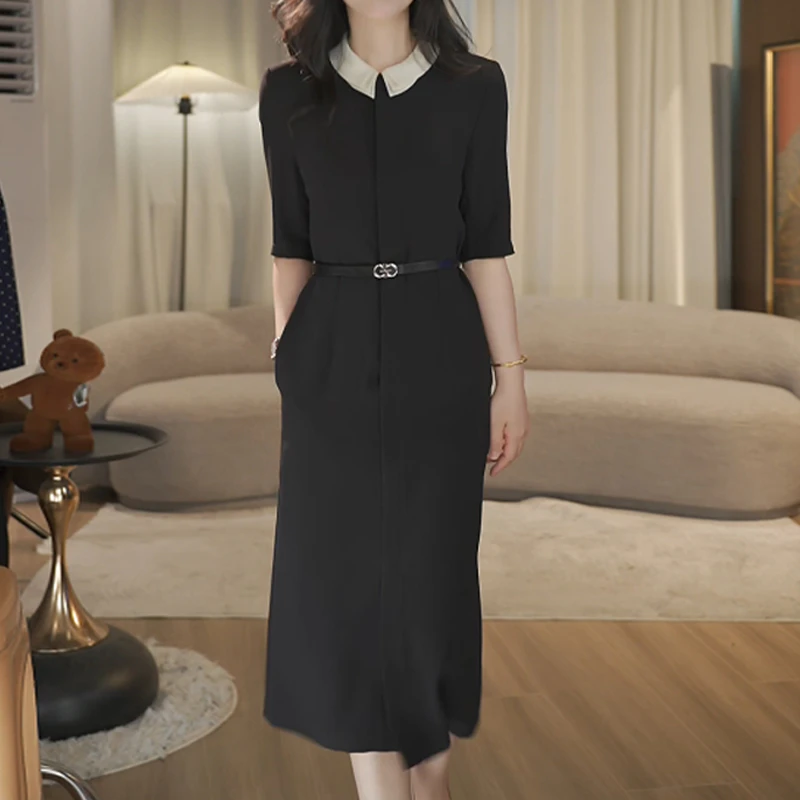 法式轻奢褶皱腰带polo领连衣裙女新款轻薄舒适优雅显瘦遮肉中长裙