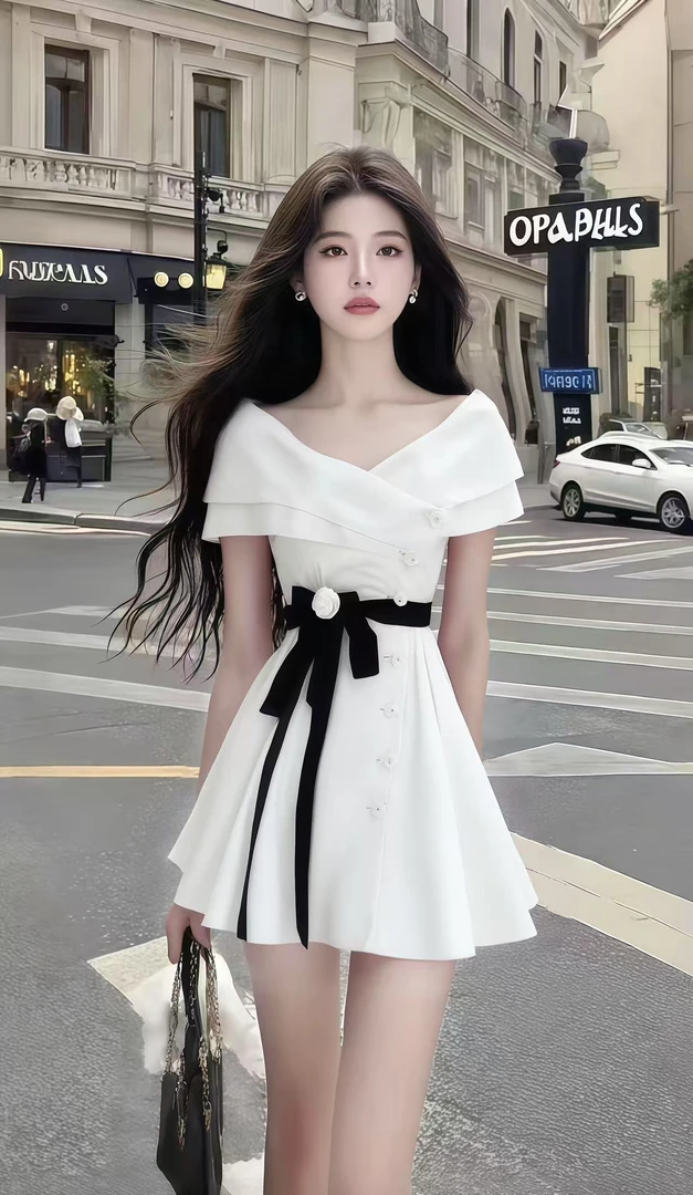 轻奢时尚高端大气温柔风白色低领短袖修身收腰设计感系带连衣裙女