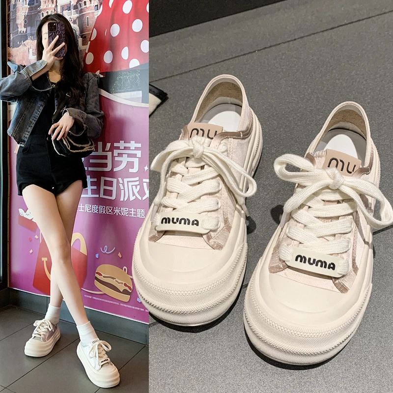 小众设计感缎面帆布鞋女2025年春季新款厚底小白鞋两穿系带面包鞋