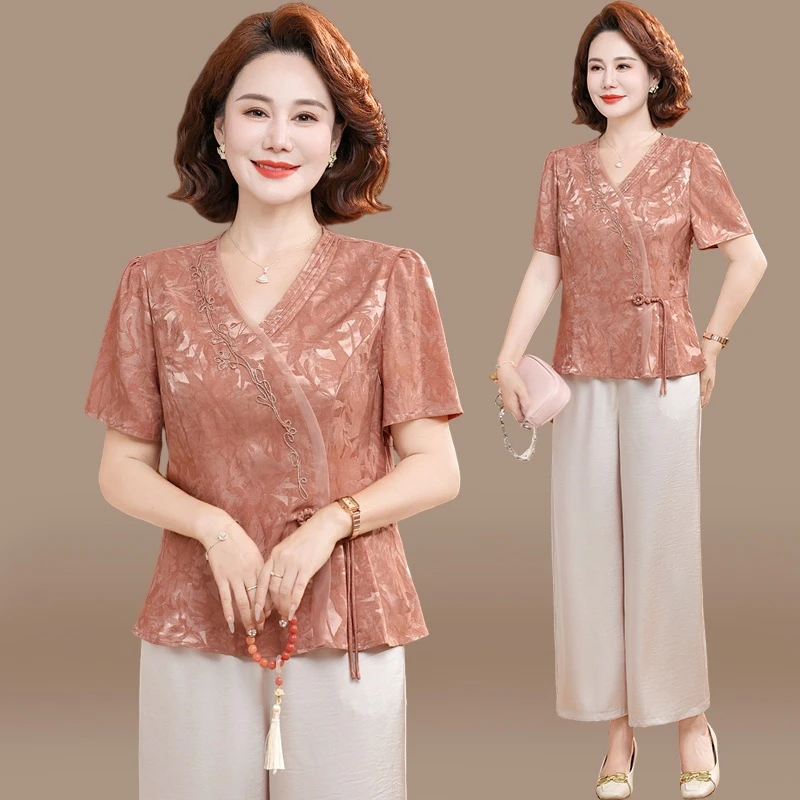 俞兆林妈妈夏装套装2025新款中老年女装夏季短袖新中式贵夫人上衣