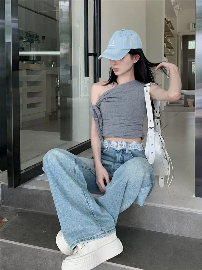 欧货浅蓝直筒牛仔裤女春夏新款蕾丝腰带显瘦弹力#3276