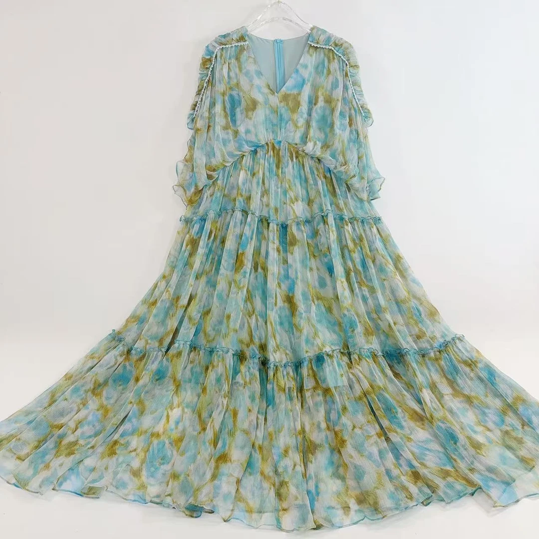 桑蚕丝2025春夏新款高订短袖气质优雅真丝连衣裙 蓝花色 230216-1