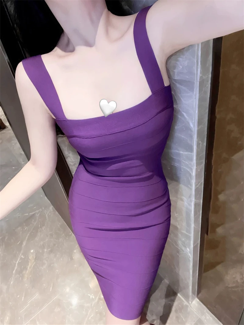纯欲风性感辣妹无袖吊带紫色包臀中长款背心紧身针织连衣裙女