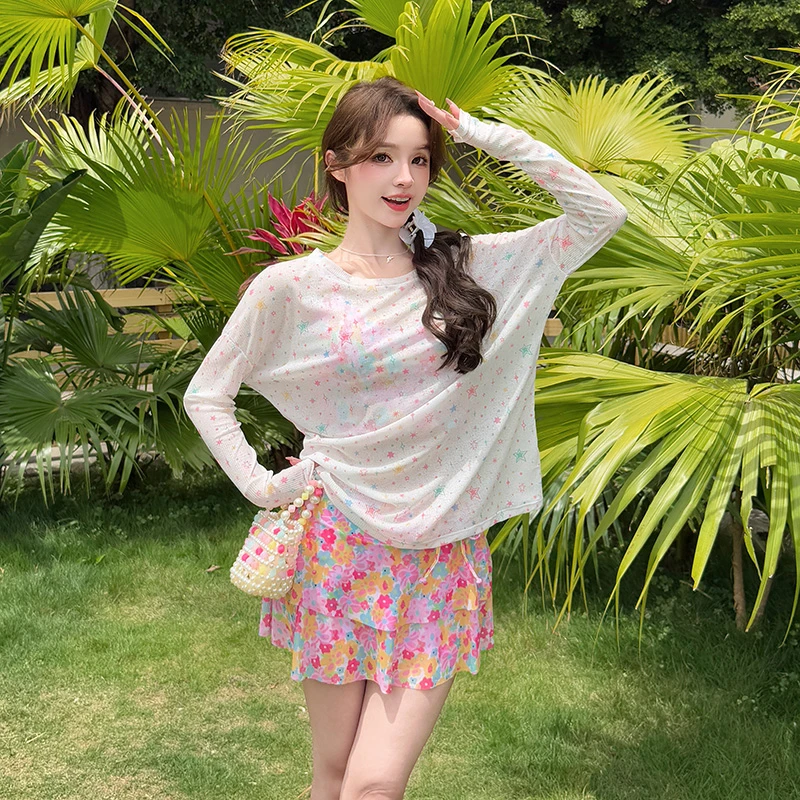 纯欲碎花大码泳衣女微胖mm遮肉显瘦分体三件套长袖罩衫游泳衣女款