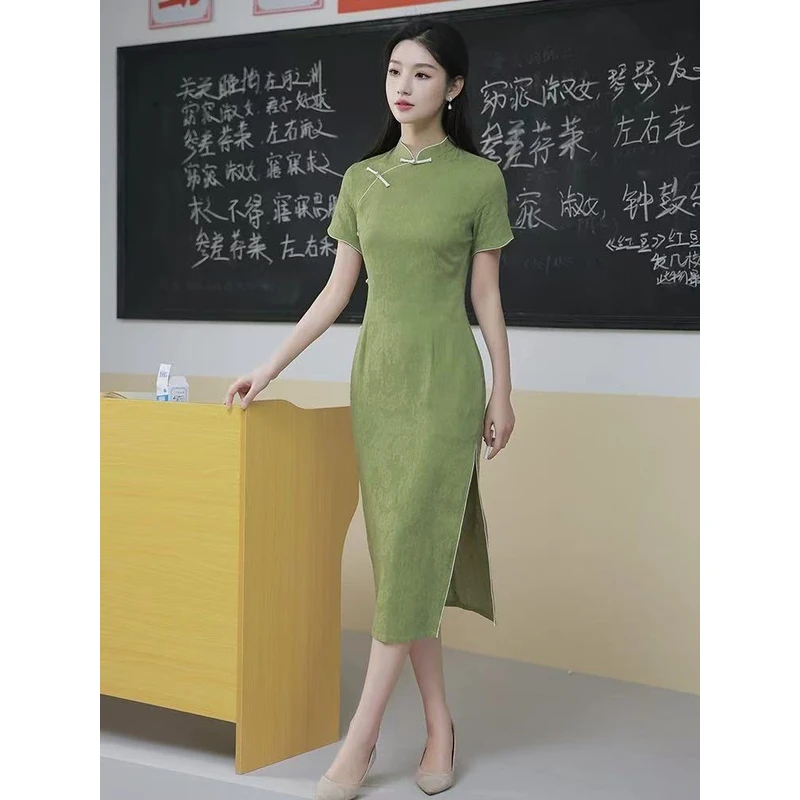 V-2366再回首提花绵夏款年轻款改良旗袍115cm长款国风