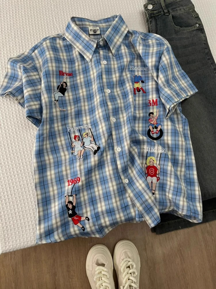 美式复古潮牌卡通刺绣格子短袖衬衫男女夏ins宽松痞帅高级感上衣