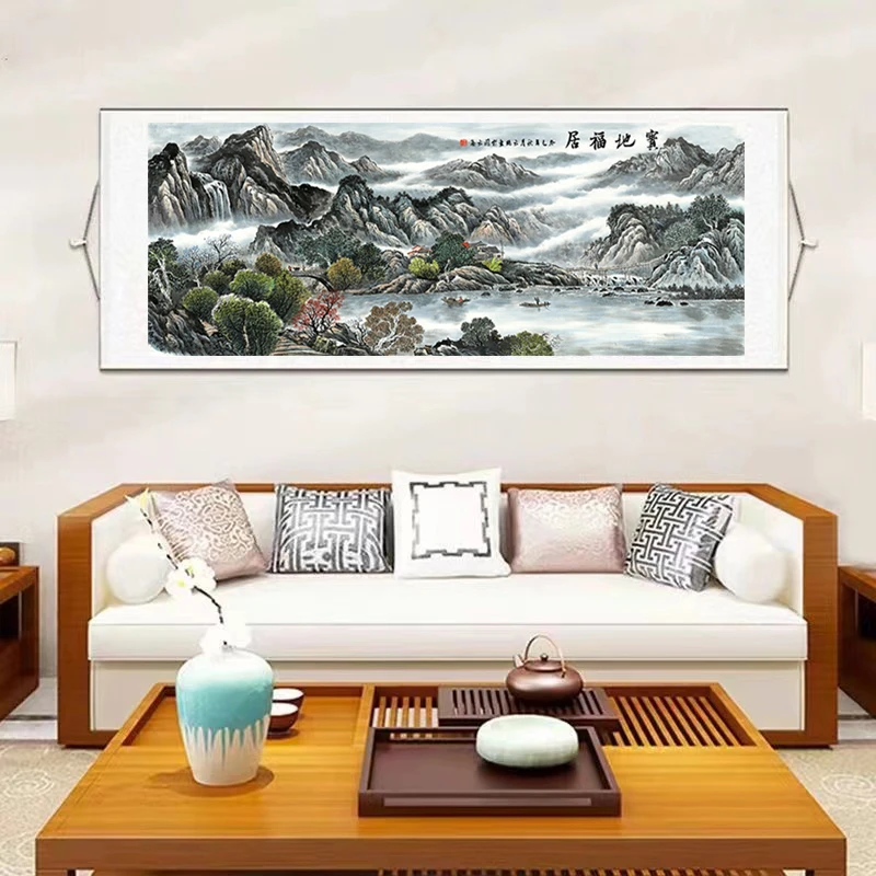 【宝地福居】220*72横幅山水画新中式青绿挂画沙发背景手工装裱