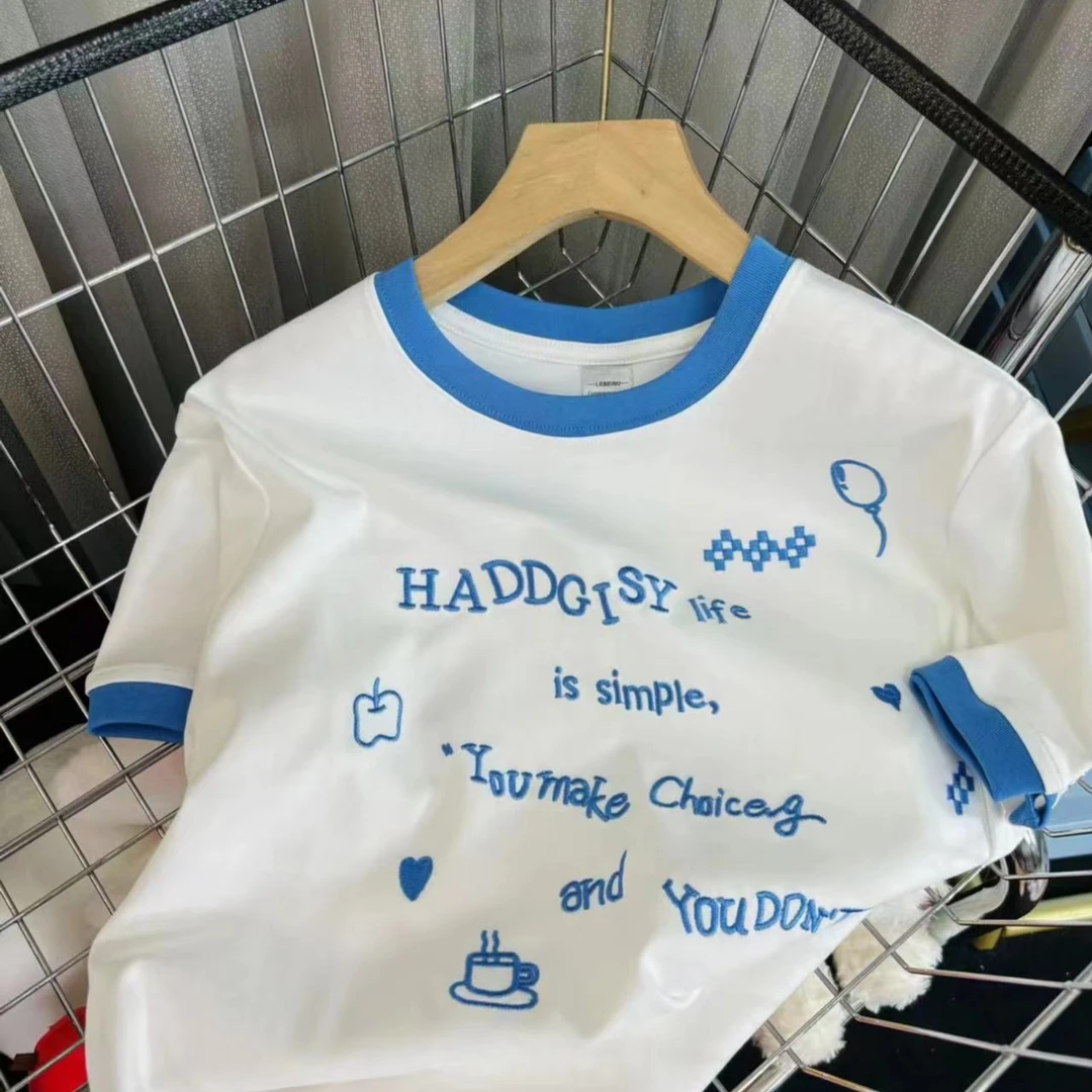 韩系撞色字母刺绣上衣女夏季设计感小众宽松休闲百搭圆领24122