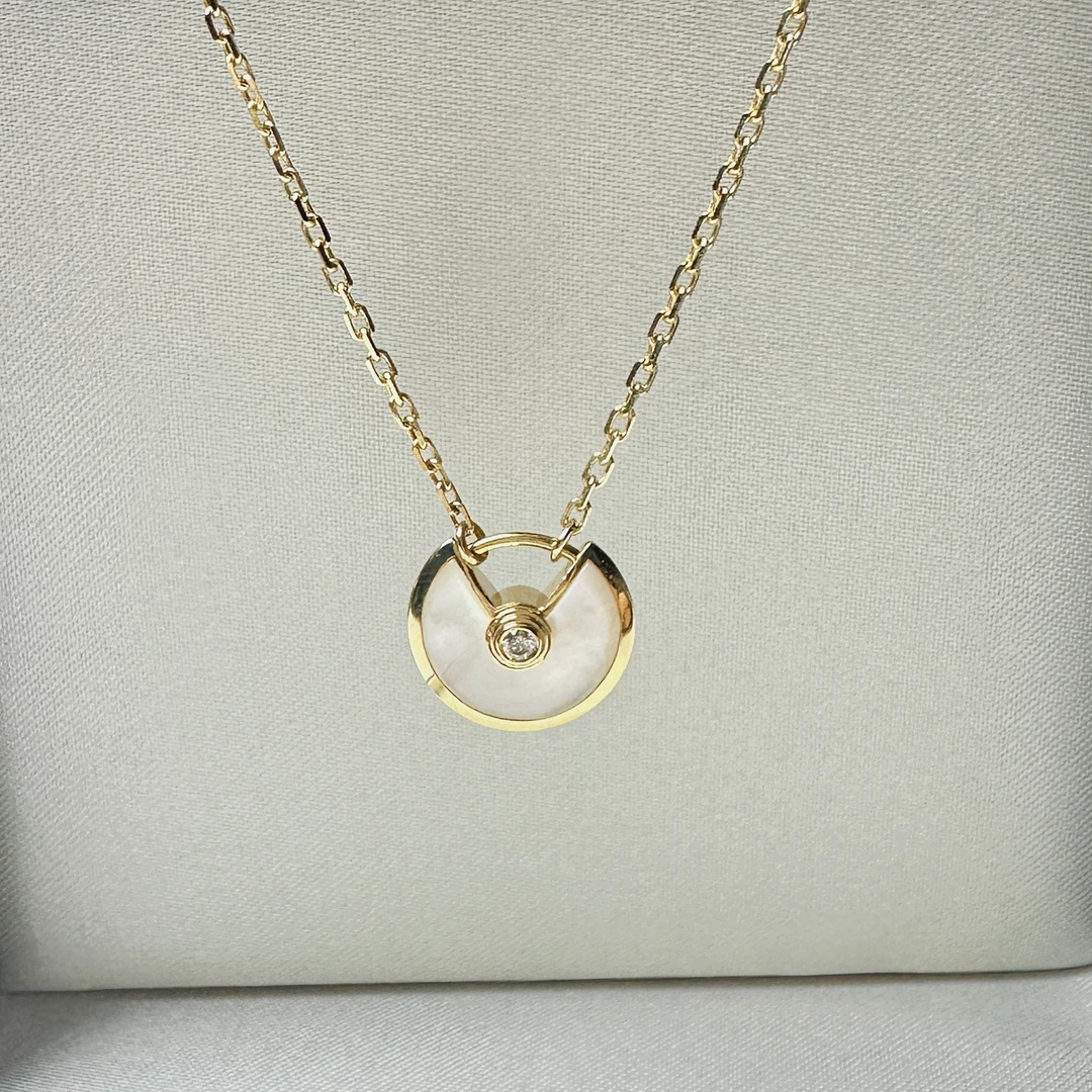 通体18K金天然钻石白贝母卡家项链/浅金黄色简约镶嵌