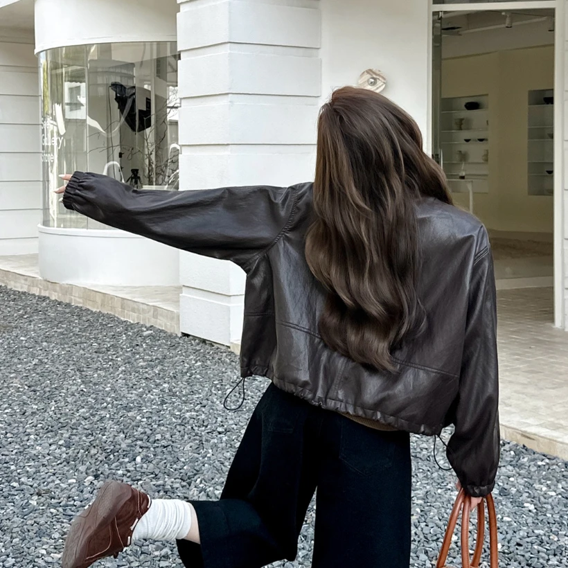原创2025春时尚百搭立领拉链宽松皮衣外套女F85215