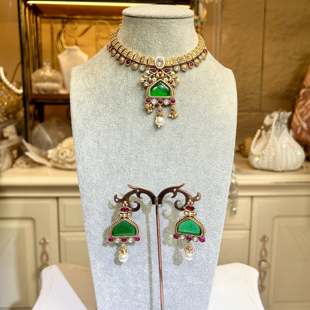 铜合金玻璃项链 印度印巴项链套装04398轻奢气质彩色复古21003