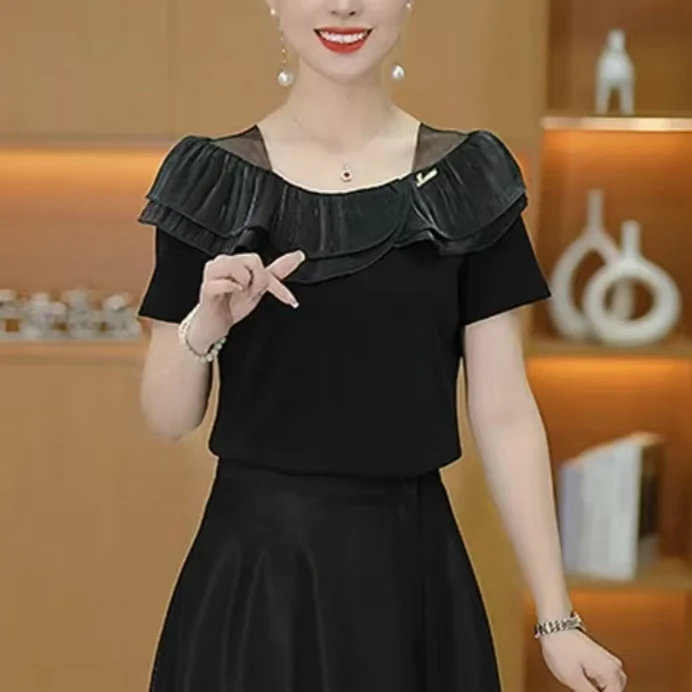 荷叶边一字领短袖T恤女夏季新款时尚减龄显瘦小衫百搭遮肉上衣