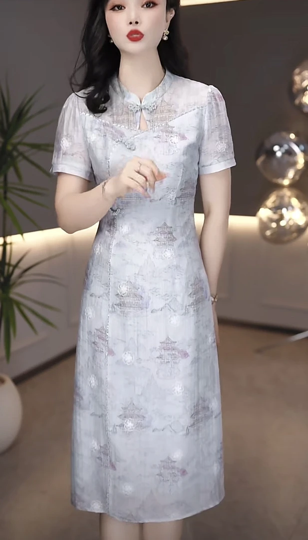 勇华玥上女装连衣裙2025夏季新妈妈日常减龄旗袍印花显高显瘦裙子