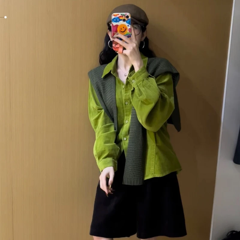 XiANJiE 洋气减龄叠穿灯芯绒衬衫针织披肩两件套