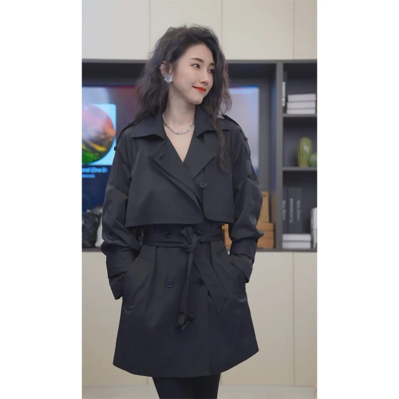 小乖逃设计师高级感黑色外套英伦风黑色风衣时尚巴家宽松907