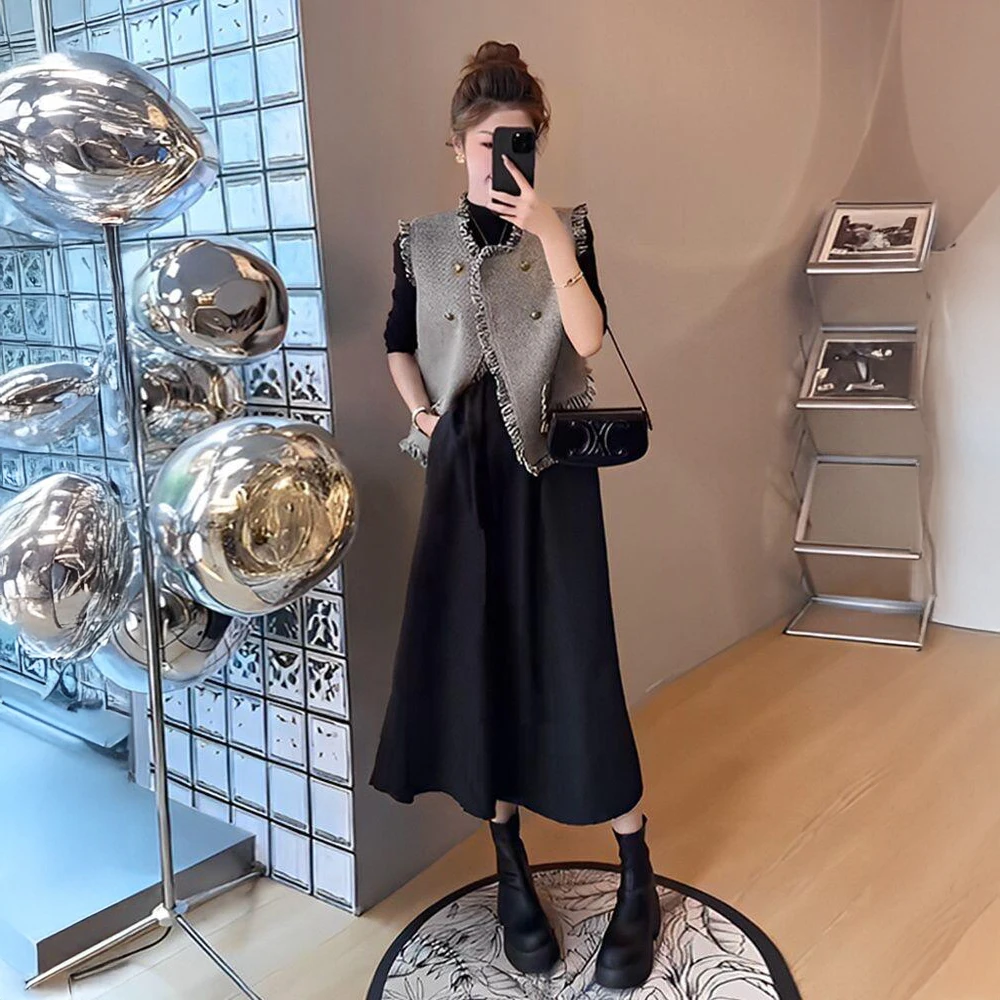 B880+B881秋装穿搭一整套轻奢高级感小香风马甲连衣裙子两件套装