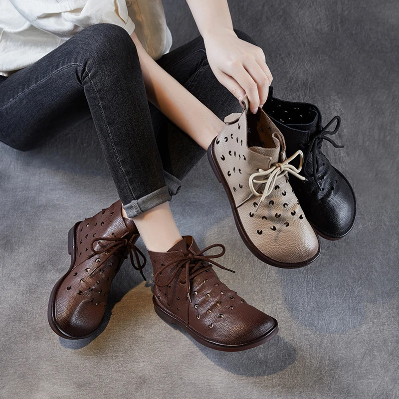 袜子鞋头层牛皮平底凉靴25夏季新款短靴牛筋软底舞蹈靴子洞洞女靴