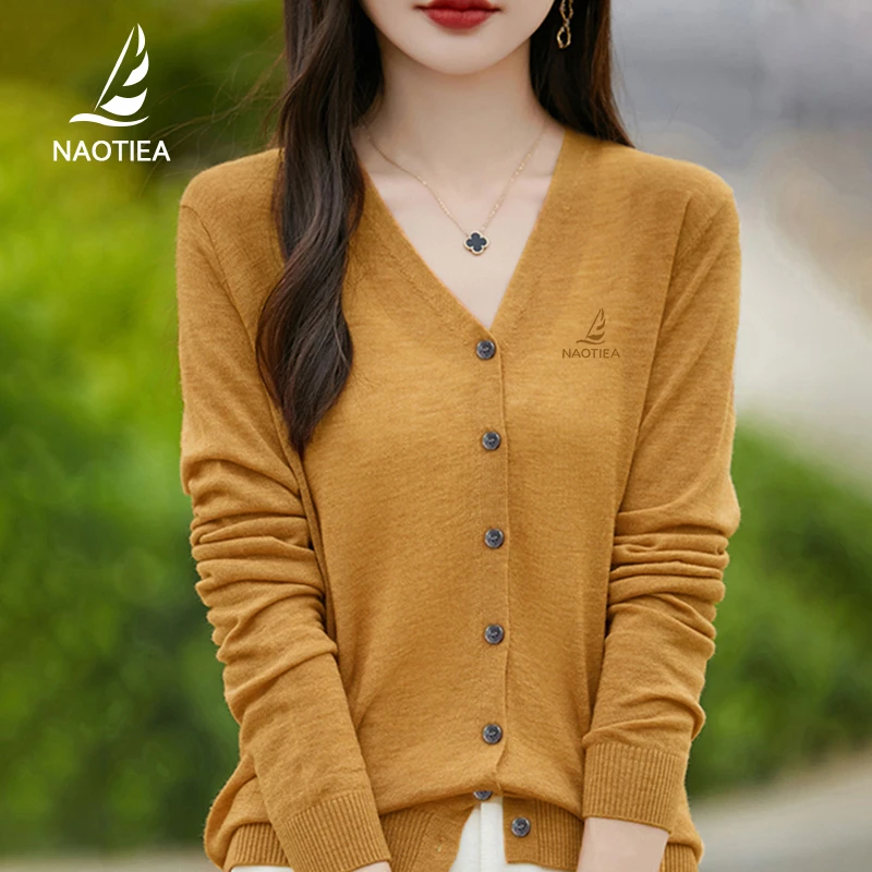 纳奥蒂尔小帆船V领针织衫外套上衣女2025春秋新款T恤内搭打底开衫