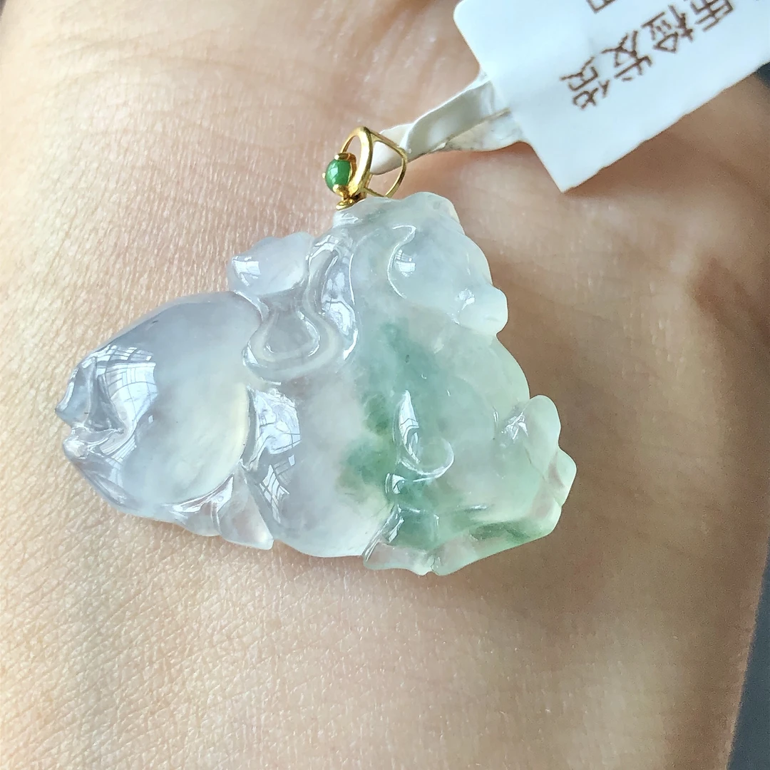 缅甸天然A货翡翠18k金镶嵌老坑冰种飘花唐马吊坠尺寸28/24.2/5.6