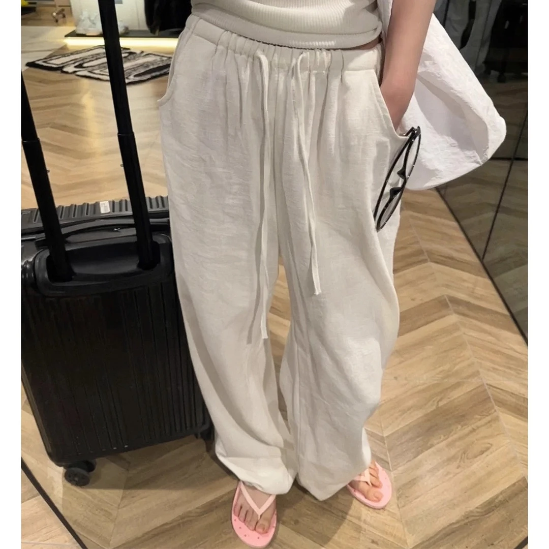 简约白色亚麻阔腿裤女夏季薄款宽松大码胖mm显瘦棉麻裤高腰休闲裤