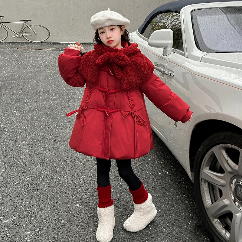 女童拜年服冬装2024新款儿童洋气红色国风棉衣外套中大童披肩棉服