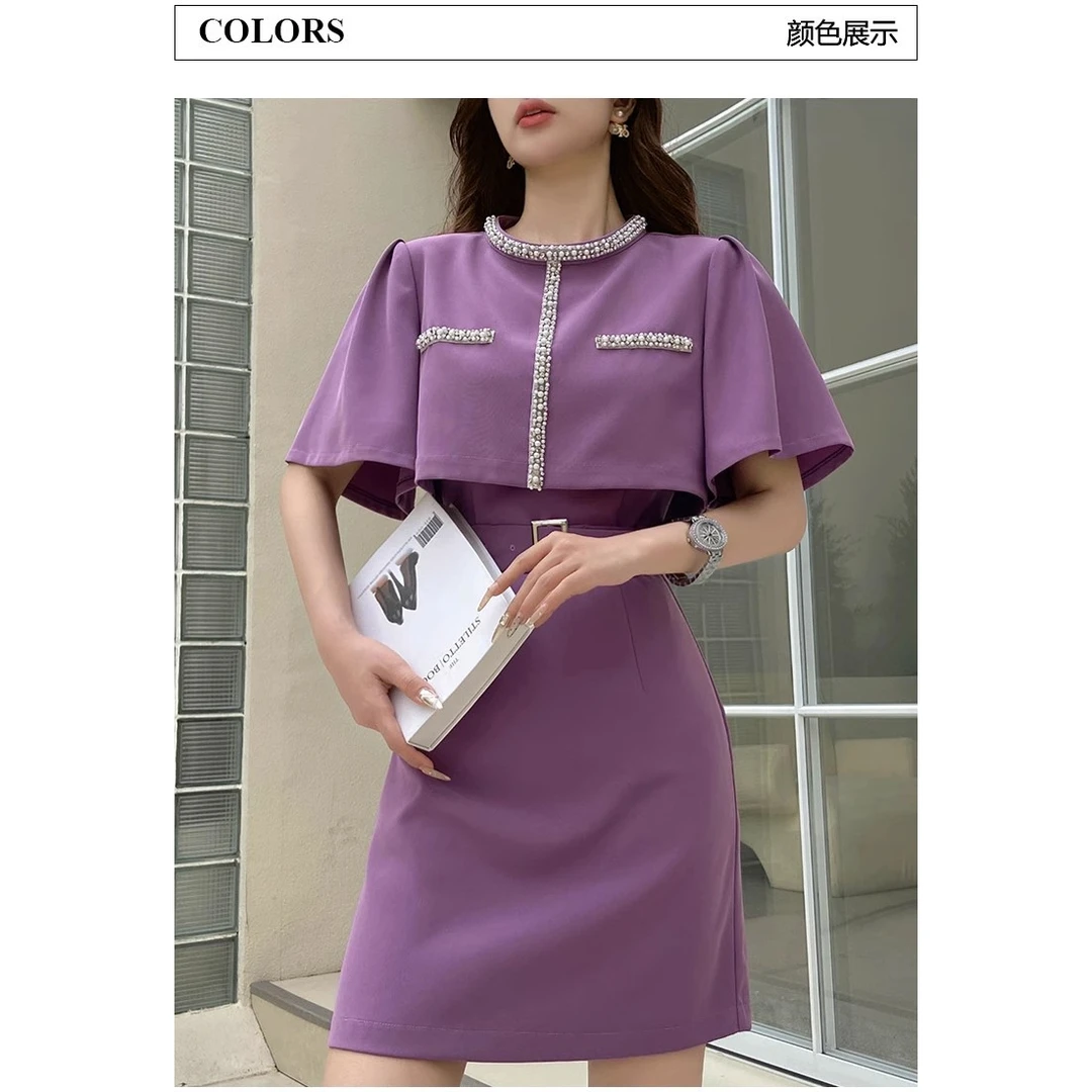 粉红大布娃娃斗篷假两件式钉珠连衣裙女夏高端精致裙子DA1BDR072