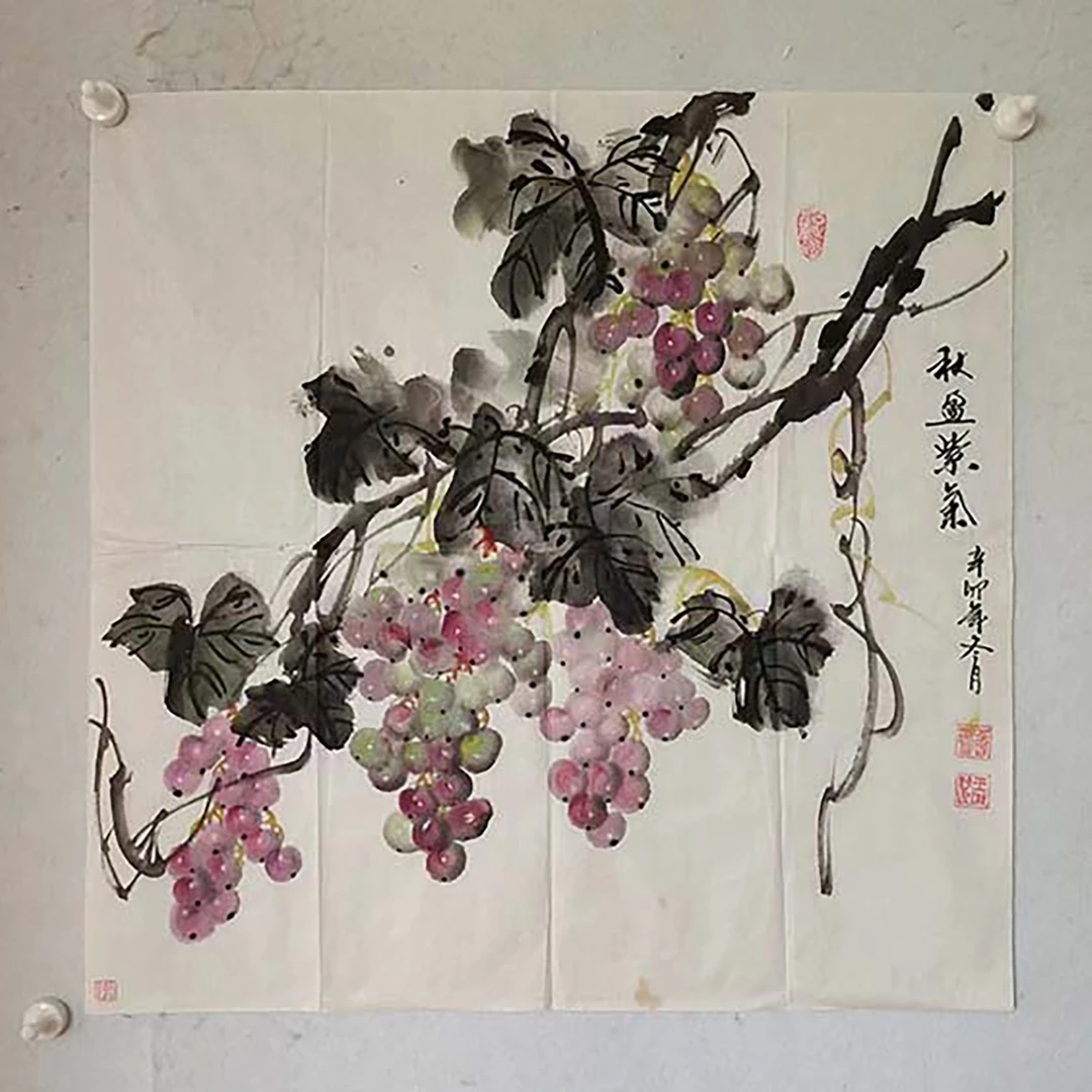 4098 纯手绘老字画《葡萄》斗方  尺寸 68×68