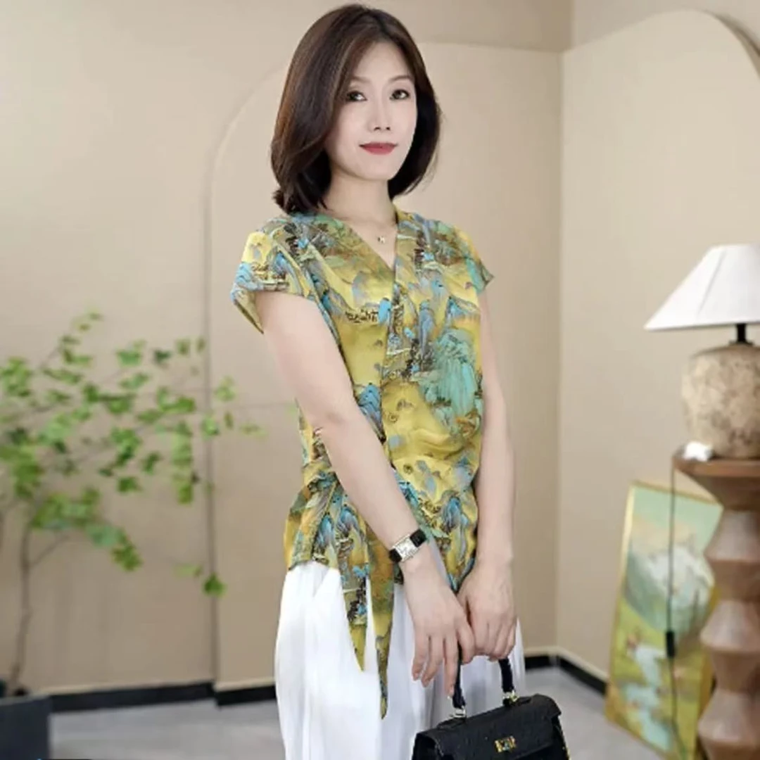 夏季新款女士国风山水画印花V领短袖优雅收腰上衣T恤时尚洋气百搭