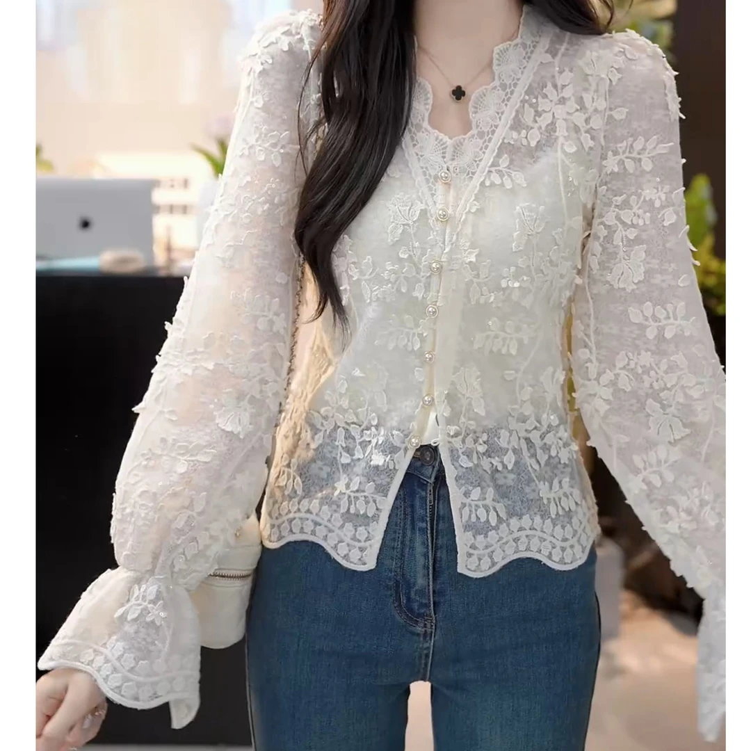 【桃花洛春】时尚法式百搭钩花蕾丝刺绣V领衬衫LK2501433