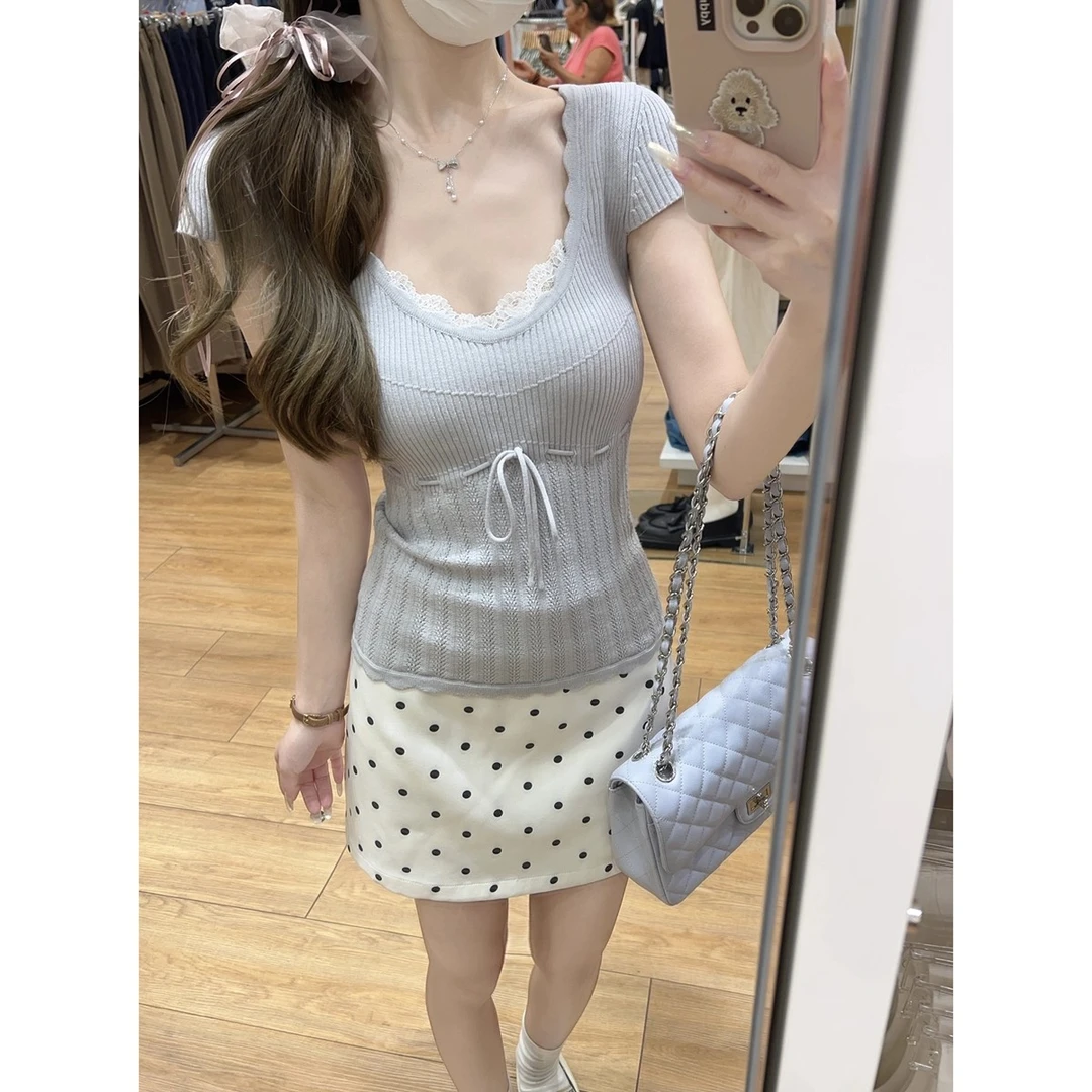 蕾丝小香风纯欲u领短袖女2025夏季百搭大领口修身收腰针织t恤上衣