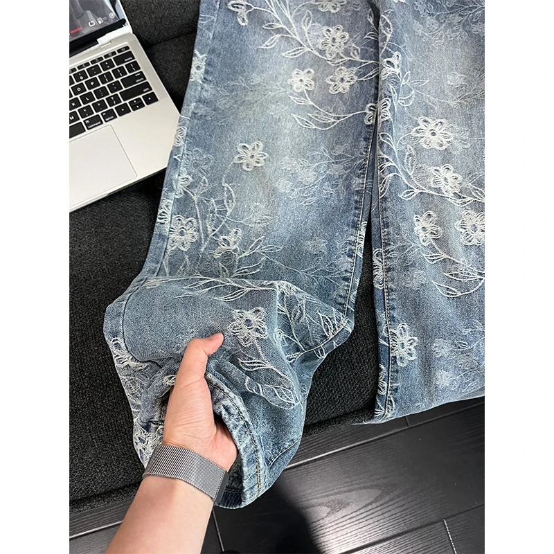 美式vibe浅蓝色提花满印牛仔裤男款潮牌高级感水洗裤子直筒微喇裤