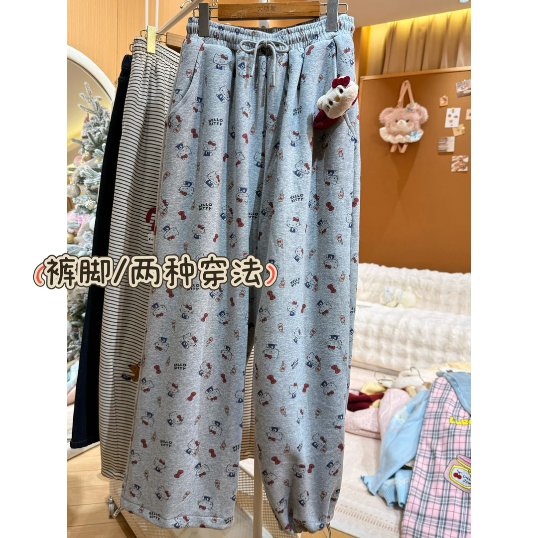 【青苍现货】【8852】大码甜妹胖mm冬款KT印花加绒加厚百搭抽绳直筒裤