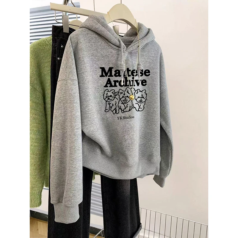 灰色美式套头加绒加厚连帽卫衣外套女秋冬季2025新款帽衫宽松上衣