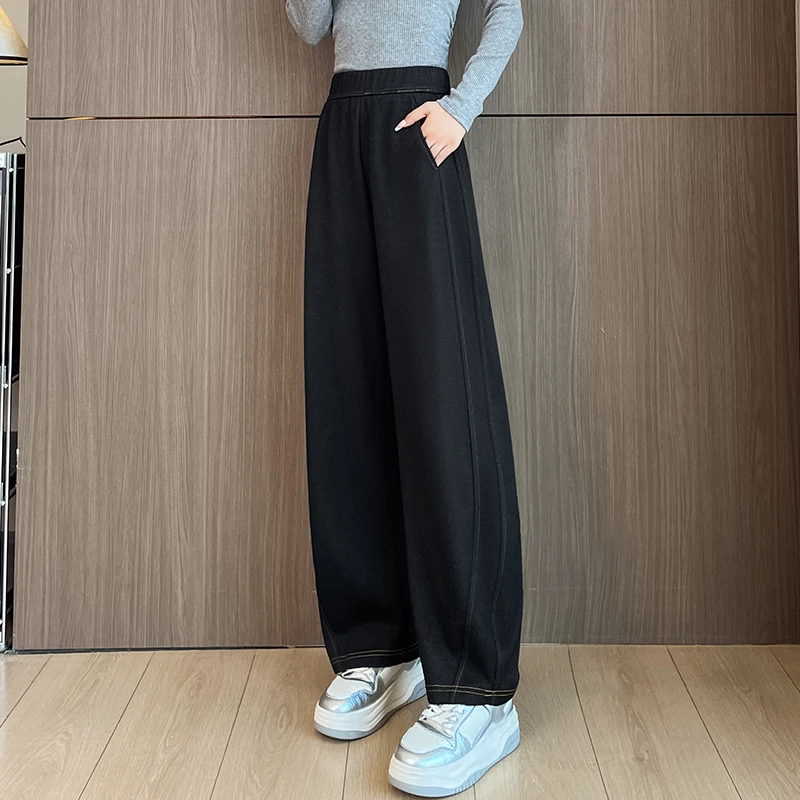 时尚窄版弯刀仿牛仔裤女2025秋冬新款阔腿裤高腰显瘦垂感直筒裤子