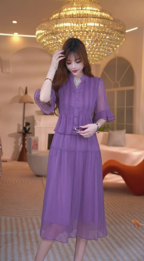 暖长裙夏季宴会树脂固色气质法式优雅长款短袖连衣裙2532