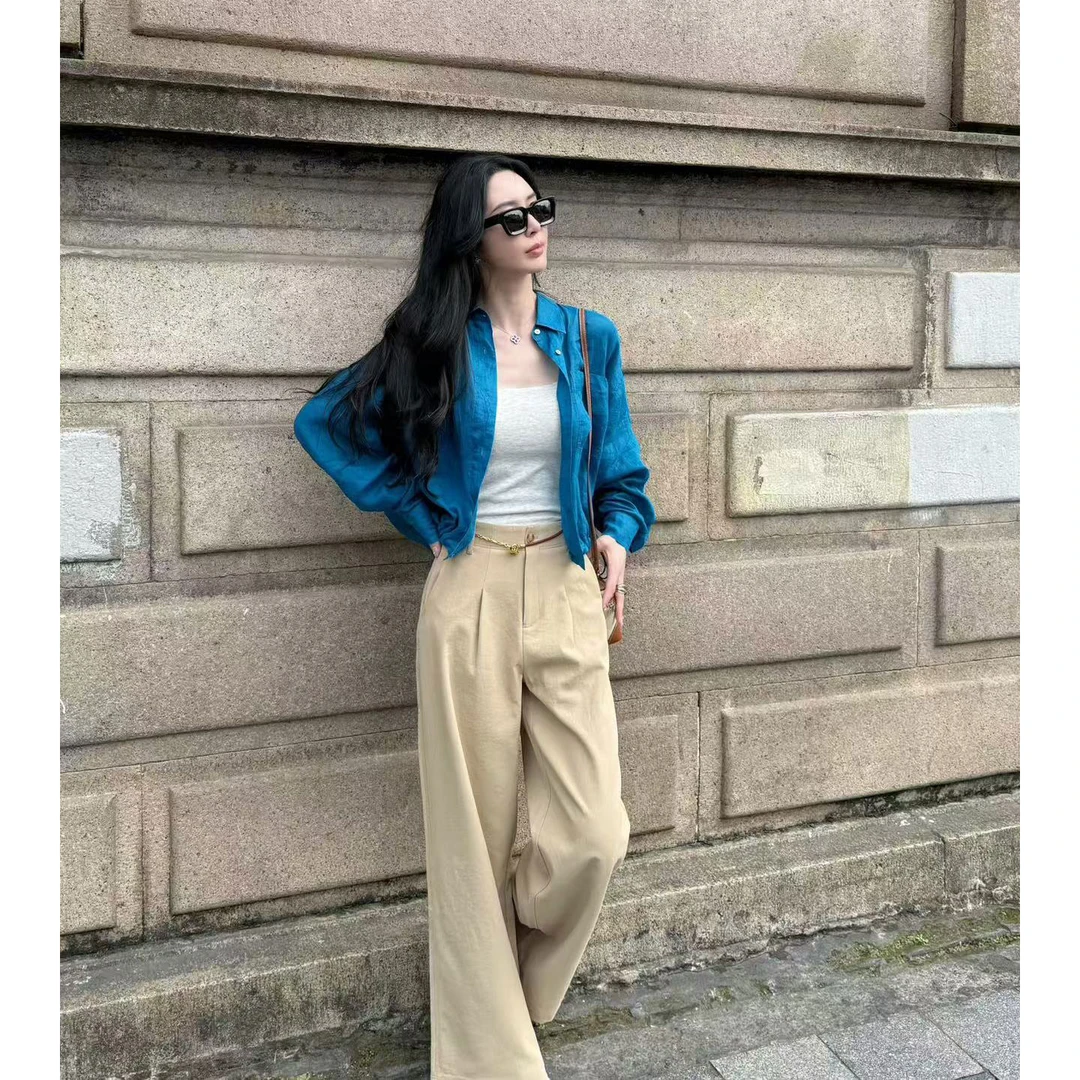 菠萝宝宝yuna【蓝鸢】100苎麻孔雀蓝Polo领单排扣抽绳松紧女衬衫YF7