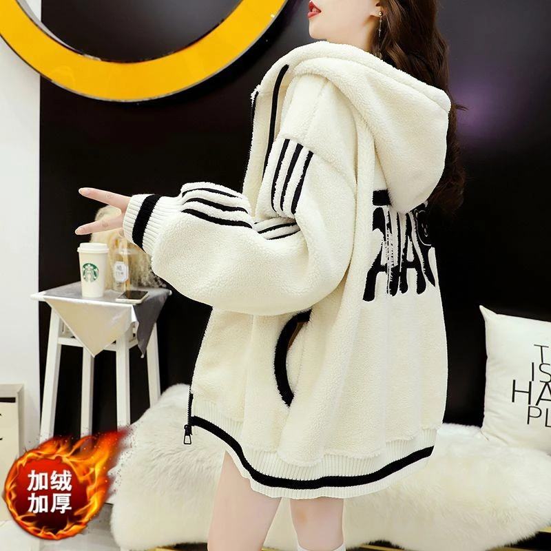 加绒加厚羊羔毛外套女秋冬2025新款初高中学生宽松小鱼骨胸衣外套