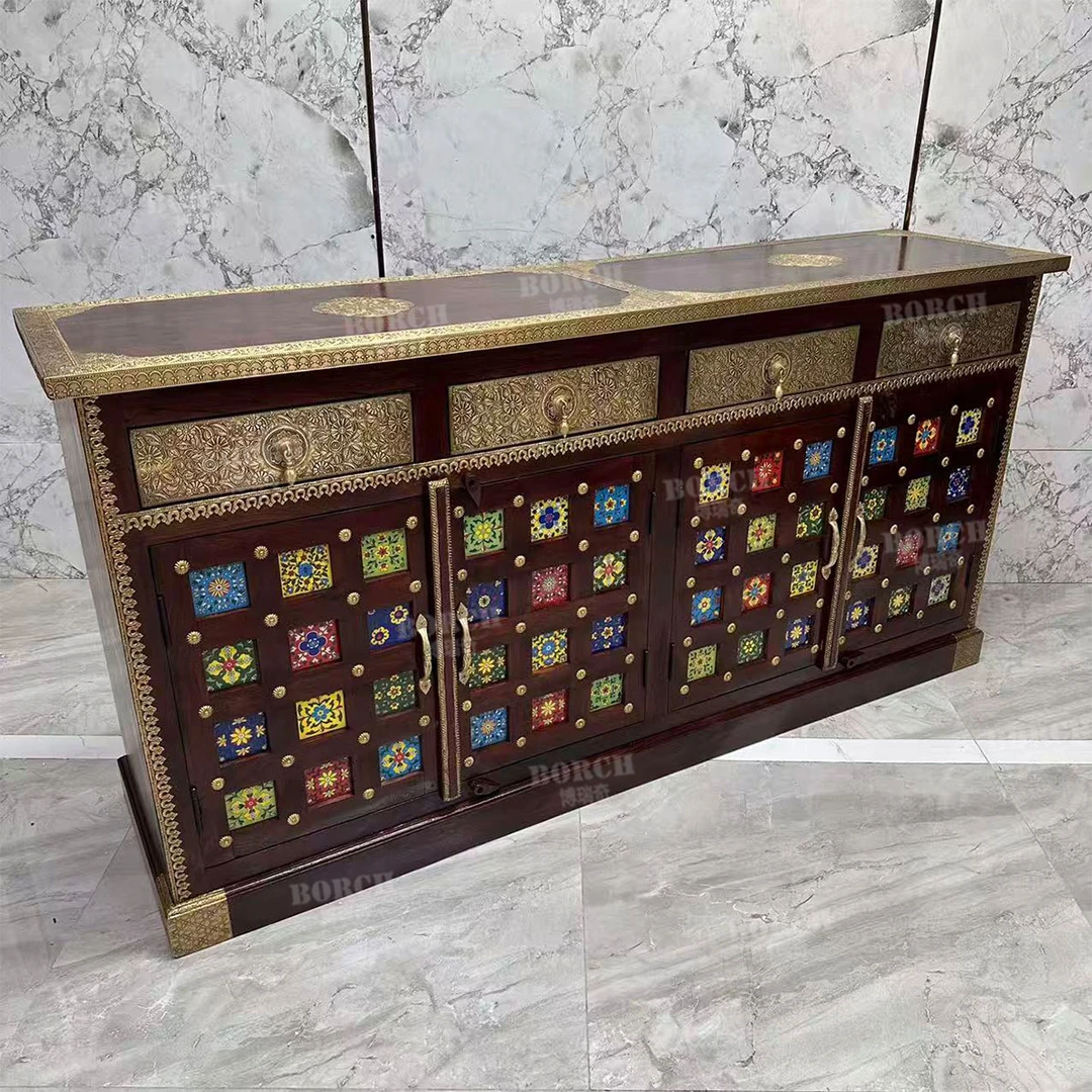 308博瑞奇进口黄檀木嵌铜餐边柜客厅彩瓷柜玄关四抽四门柜10050