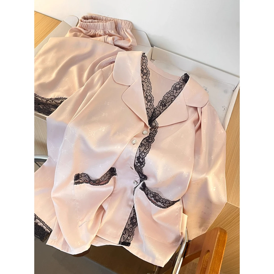 法式轻奢高级感蝴蝶结冰丝长袖睡衣女春夏薄款长裤亲肤居家服套装