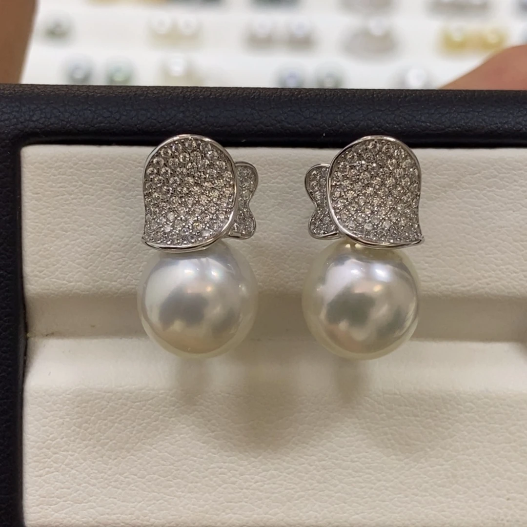 银S925镶嵌耳饰海水珍珠澳白耳饰11-12m m