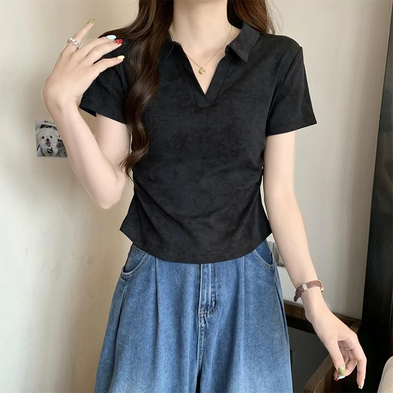 纯欲慵懒风女装设计感扎染Polo领短袖T恤小个子短款修身显瘦上衣