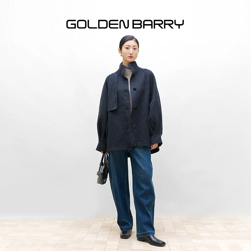GOLDENBARRY|142084毛织领灯笼袖中长款大衣